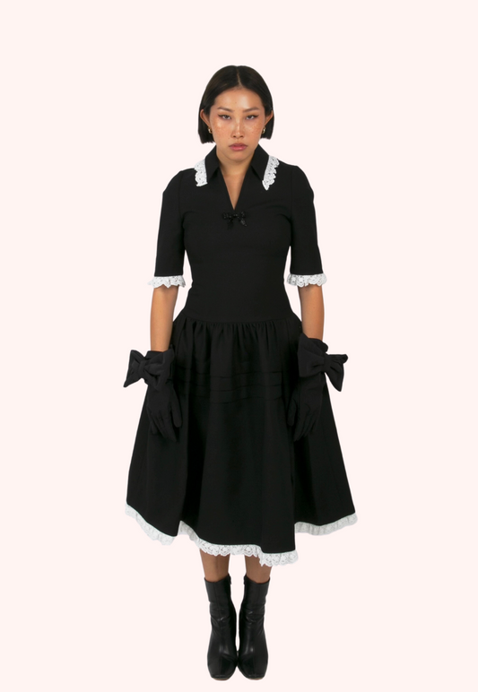 Black Ruffled Tuck Midi Dress